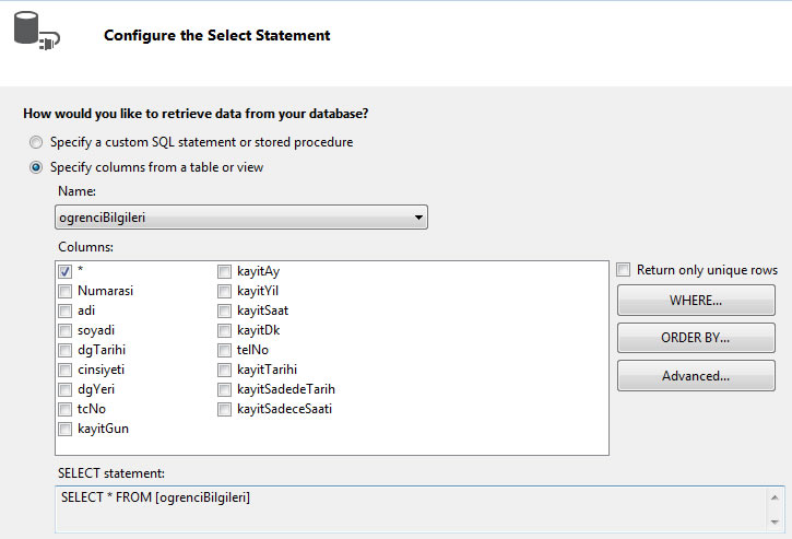 asp.net sqldatasource configure select statement